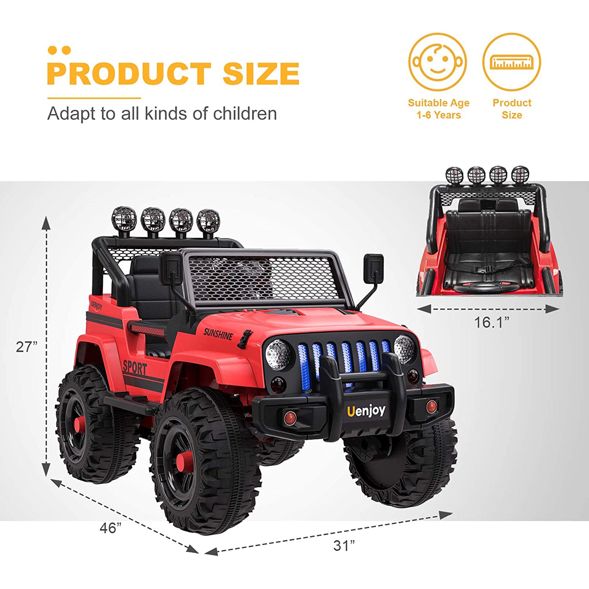 KINGTOYS 2024 12V Jeep Wrangler Style Kids Ride On 1 Seater Cars With Parental Remote Control